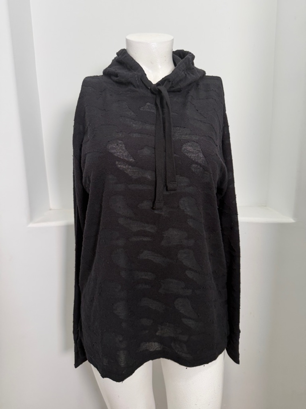 FWRD Denim & Co. Black Semi Sheer Camo Hooded Sweatshirt lightweight Distress